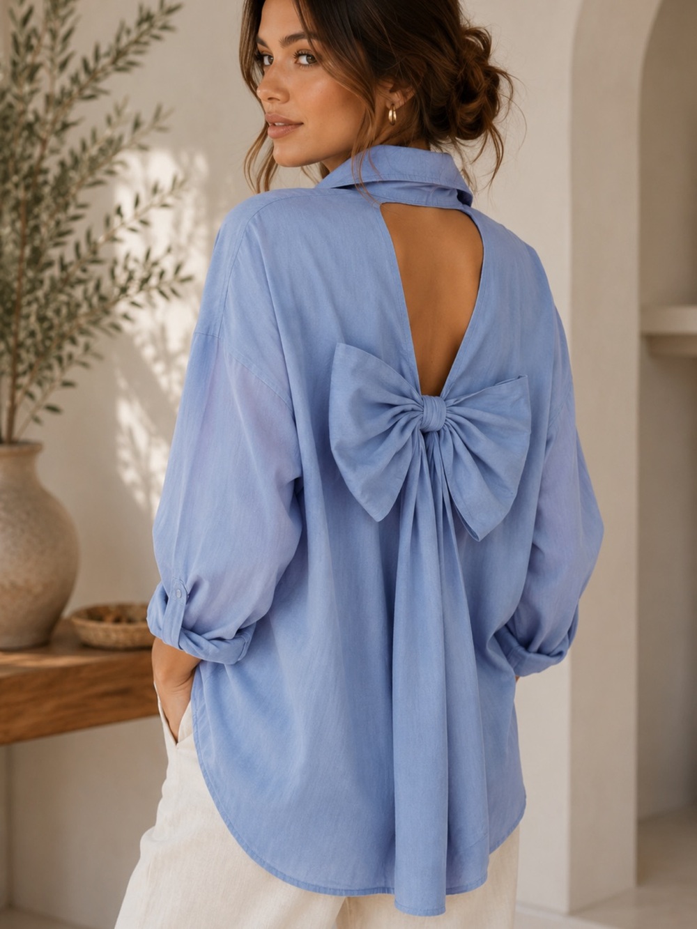 ✨RESTOCKED✨FROM PARIS FRANCE Chic Blue Button-Up Bow Back Shirt
